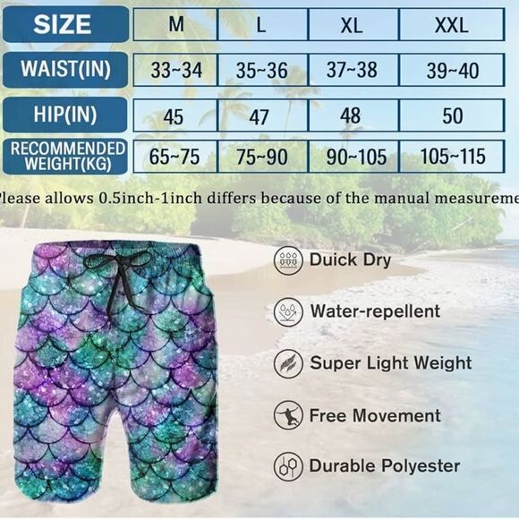 Bonlor Mens Swim Trunks Fish Scale Board Shorts Mesh Lining Beach Swim Shorts - Picture 15 of 16